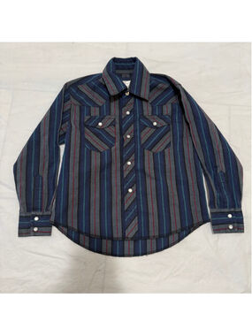 Wrangler Western Shirts Boys Blue and Gray Striped Casual Button Down Shirt S